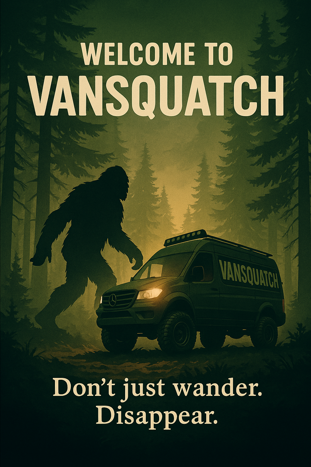 VanSquatch forest art featuring a van and silhouette