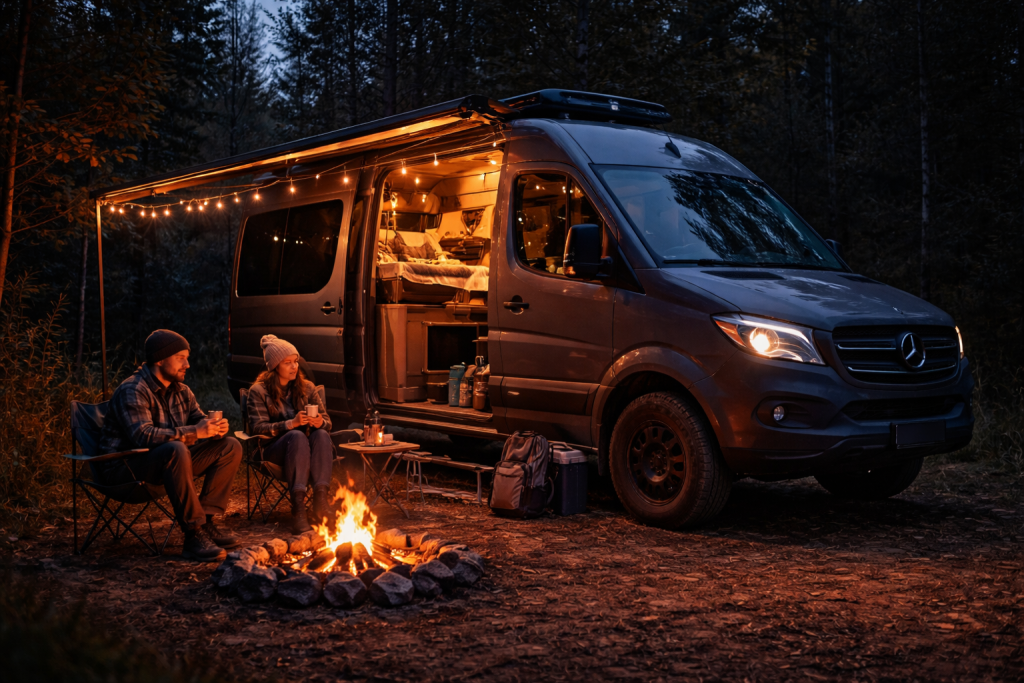 van parked overnight with campfire in safe van life setting