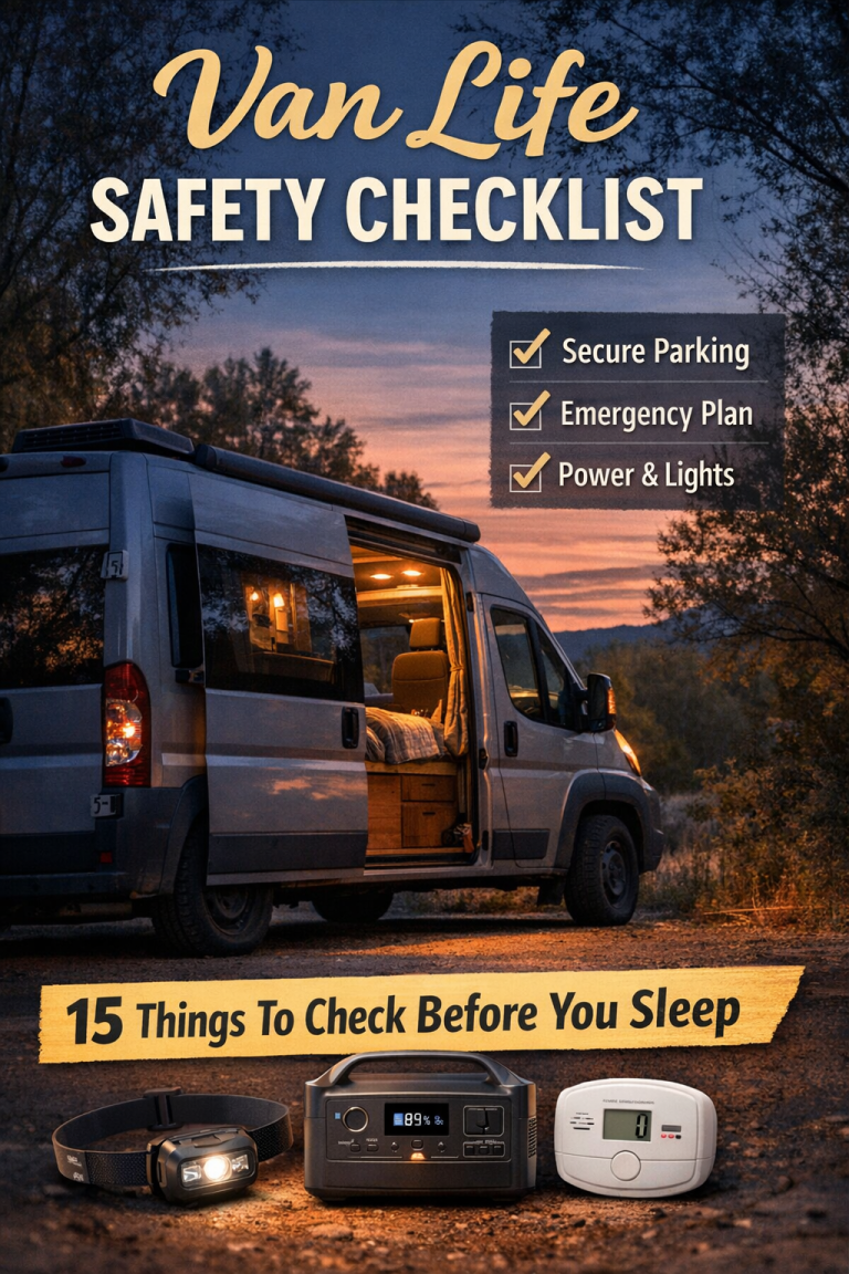 van parked discreetly at dusk in a calm overnight spot with soft cabin light